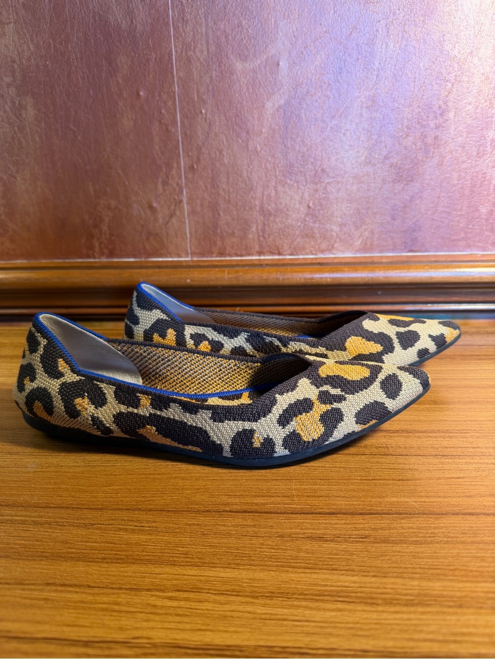 Rothy's Leopard Print Pointed Toe Flats in Tan, Black, Gold